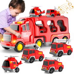 Brand New IHaHa Fire Truck Toys For 1 2 3 4 5 6 Years Old Boys Toddlers, 5 In 1 Kids Carrier Fire Trucks Cars For Toddler Boy Toys Birthday, Car Truck