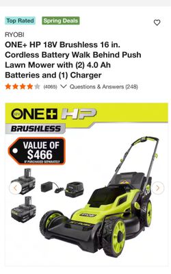 RYOBI ONE+ HP 18V Brushless 16 in. Cordless Battery Walk Behind Push Lawn Mower with (2) 4.0 Ah Batteries and (1) Charger