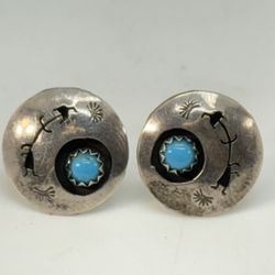 Vintage Zuni Sterling Turquoise Shadow Box Button Post Earrings