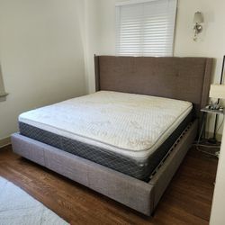 King Bed Organic Cotton Mattress & Padded Bedfram w Storage Drawers, Sheets & King Duvet w 2 Duvet Covers