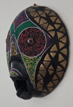Beaded Hand Carved Wood African Tribal Mask 12" Colorful  Brass
