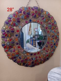 Large Boho/Eclectic Jeweled Wall Mirror. Glass Stones in a Bronze Metal Frame. Bathroom/Dining