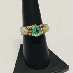 Vintage Estate 14K Yellow Gold Emerald, Opal, Diamond Ring