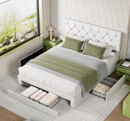 White Modern Faux Leather Full Bed Frame With Storage Drawers, Adjustable Headboard, Tufted Platform Upholstered Bed
