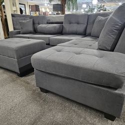 Brand New 104" x 75" Charcoal Linen Reversible Sectional With Cup Holder + Storage Ottoman