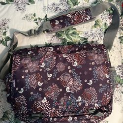 J World New York Messenger Laptop Bag purple Floral Birds Canvas Carry Strap