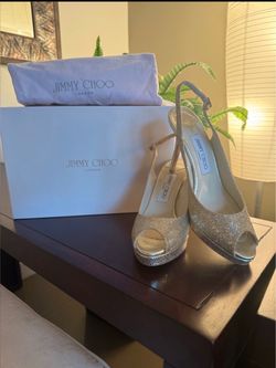 Jimmy Choo Silver Glitter Slingback Peep-Toe Heels