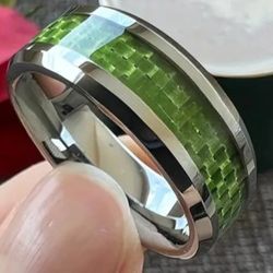 Men’s Size 13 Silver Stainless Steel Green Design Opalescent 8mm Ring Band. Add some sparkle to your look with this stunning men's silver stainless st