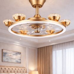 Gold Chandelier Ceiling Fan with LED Light, 6 Speeds, Remote