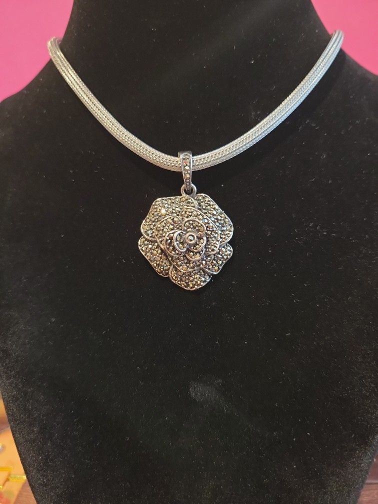 Sterling Silver Marcasite Rose Flower Pendant on Mesh Tube Sterling 17"+2" Chain F12