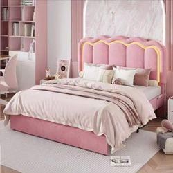SHA CERLIN Twin Upholstered Size Bed Frame With LED Lights, Adjustable Velvet Headboard With Wavy Design, Noise Free, Wooden Slats Platform Bed, Easy 