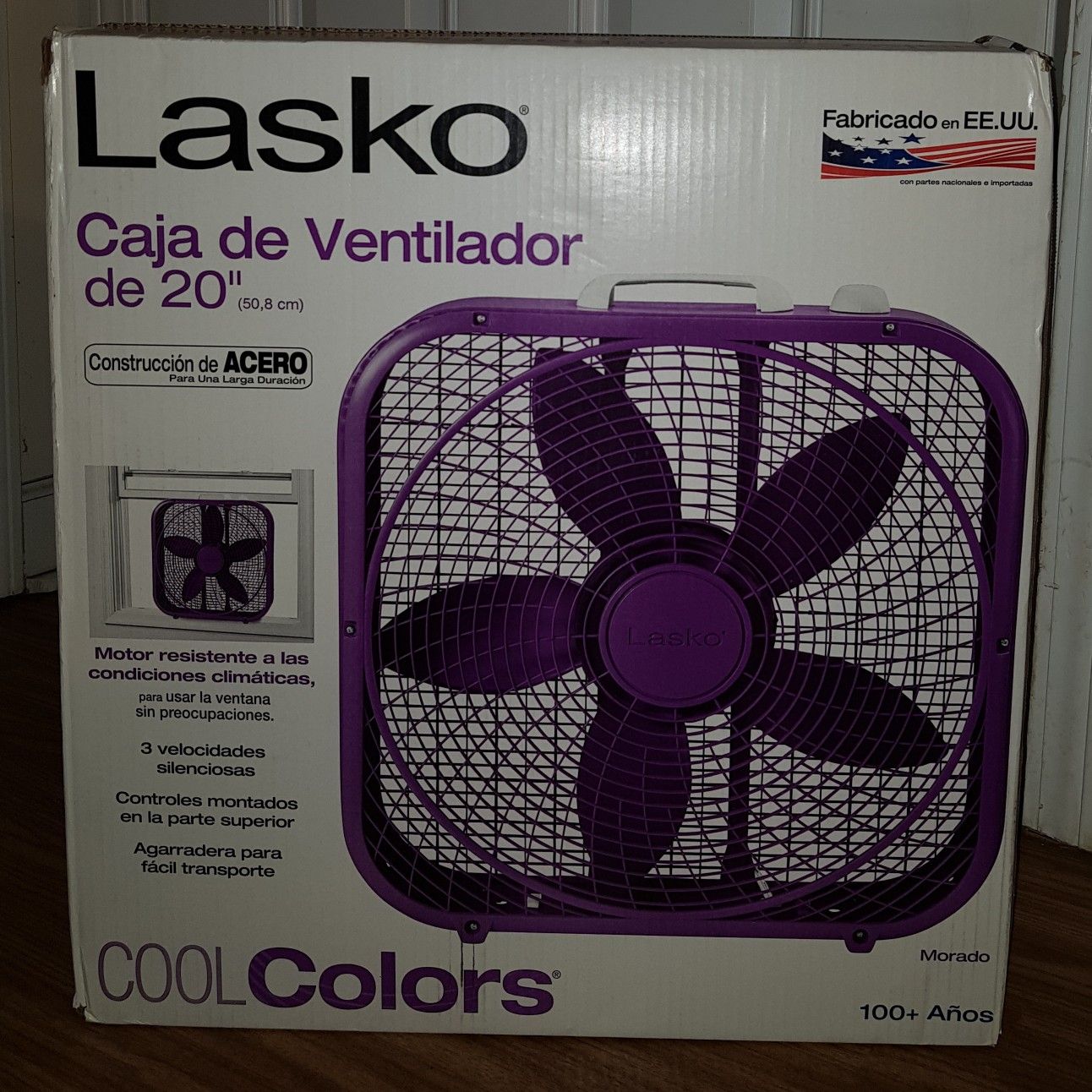 Purple Lasko 20 inch Box Fan