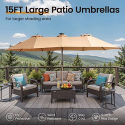 Double Top 14.5 ft. Steel Cantilever Outdoor Patio Umbrella with base and LED Smart Strips in Khaki