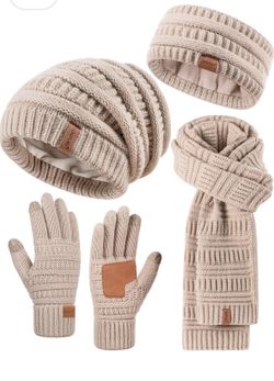 Womens Winter Beanie Hat Scarf Gloves Headband Set, Slouchy Beanie Ear Warmer Knit Scarf Touchscreen Gloves Warm 4 Gift Set