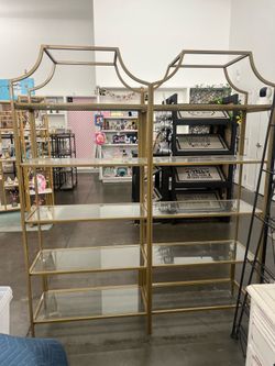 2 AVAILABLE- Crosley Furniture Aimee Bookshelf with Glass Shelves, Bookcase Storage, Gold and Glass