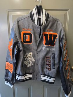 Gray & Black Varsity Jacket with Orange Patches