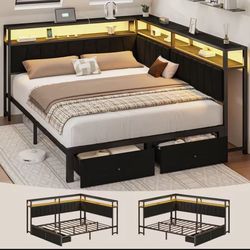 Queen Corner Bed Frame W/ Drawers, LED Lights & Power Outlet