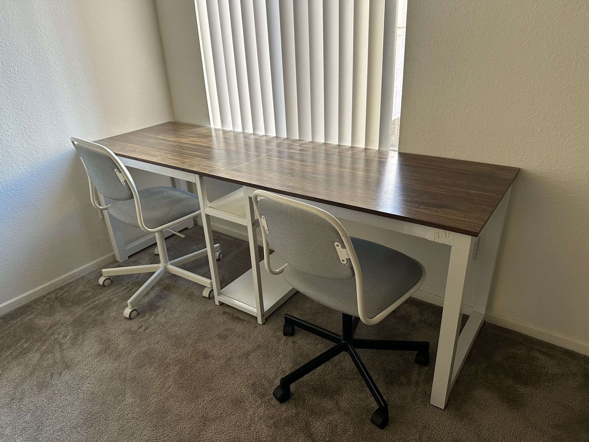 Brown Duo Office Desk with Grey Rolling Chairs