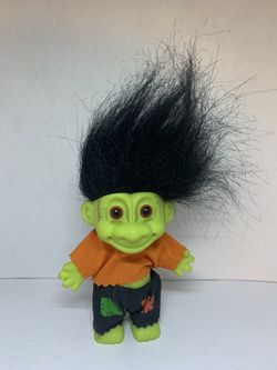Vintage Russ 5" Frankenstein Troll Green Doll Halloween Black Hair 1990s