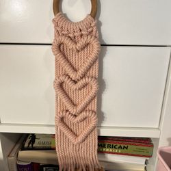 Pink Beautiful Thick Macrame Hanger with Wooden Handle & Wooden Balls 