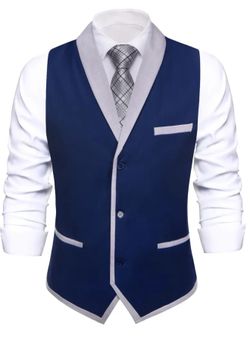 Hi-Tie Men's Color Block Button Up Suit Vest With Shawl Collar Size (XXXL)