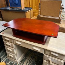 360 Swiveling Standing Desk Converter with Storage in Cherry Finish. $45. 36”L x 21.5”W x 8.5”H.