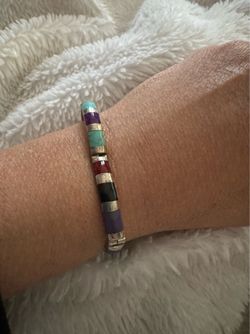 Vintage Gorgeous Mexican Sterling Silver Multi-Stone Inlaid Bracelet w/Safety Clasp, 7.5"