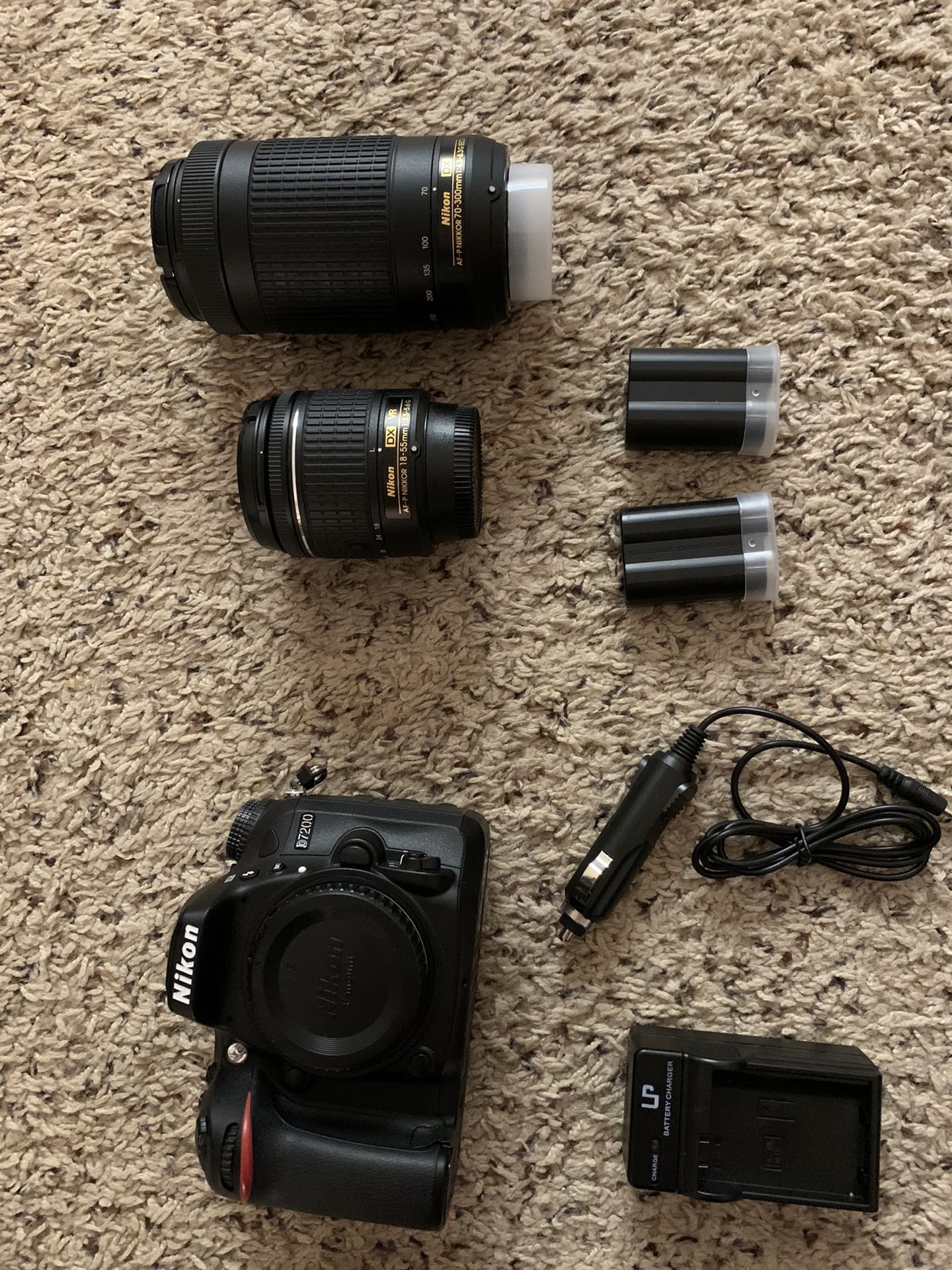 Nikon D7200, two lenses, batteries and charger, camera bag and memory card
