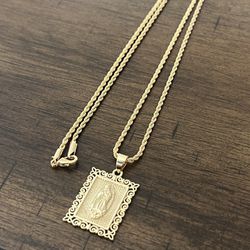Gold Filled Square Virgin Mary With 24 Inch Rope Necklace