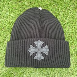 Black Ribbed Knit Beanie w/ Leather Cross Patch 