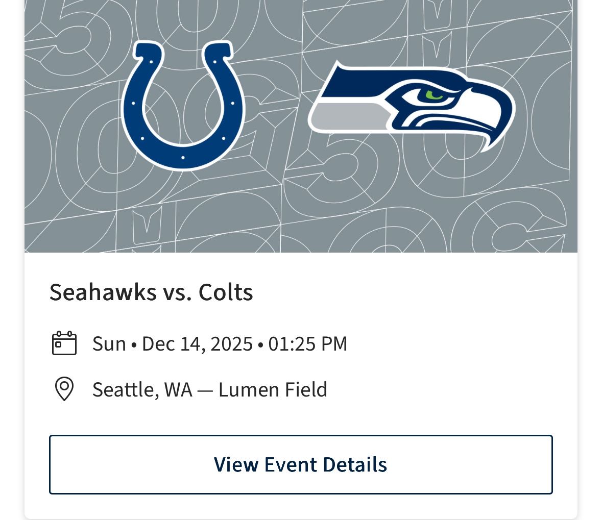 12/14 Seahawks Vs. Colts NFL Football