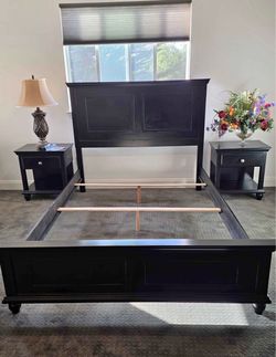 Black Queen Bed Frame with Two Matching Nightstands