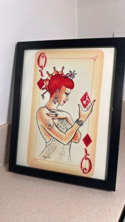 Framed Watercolor / Queen of Diamonds signed