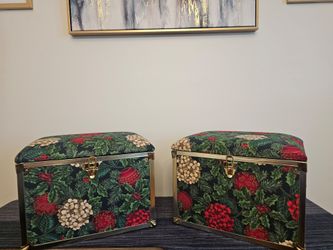 $50.00 - (2) Vintage Christmas Treasure Storage Trunks, Fabric & Gold-Tone Metal Hardware & Accents!  Like New Condition!!!