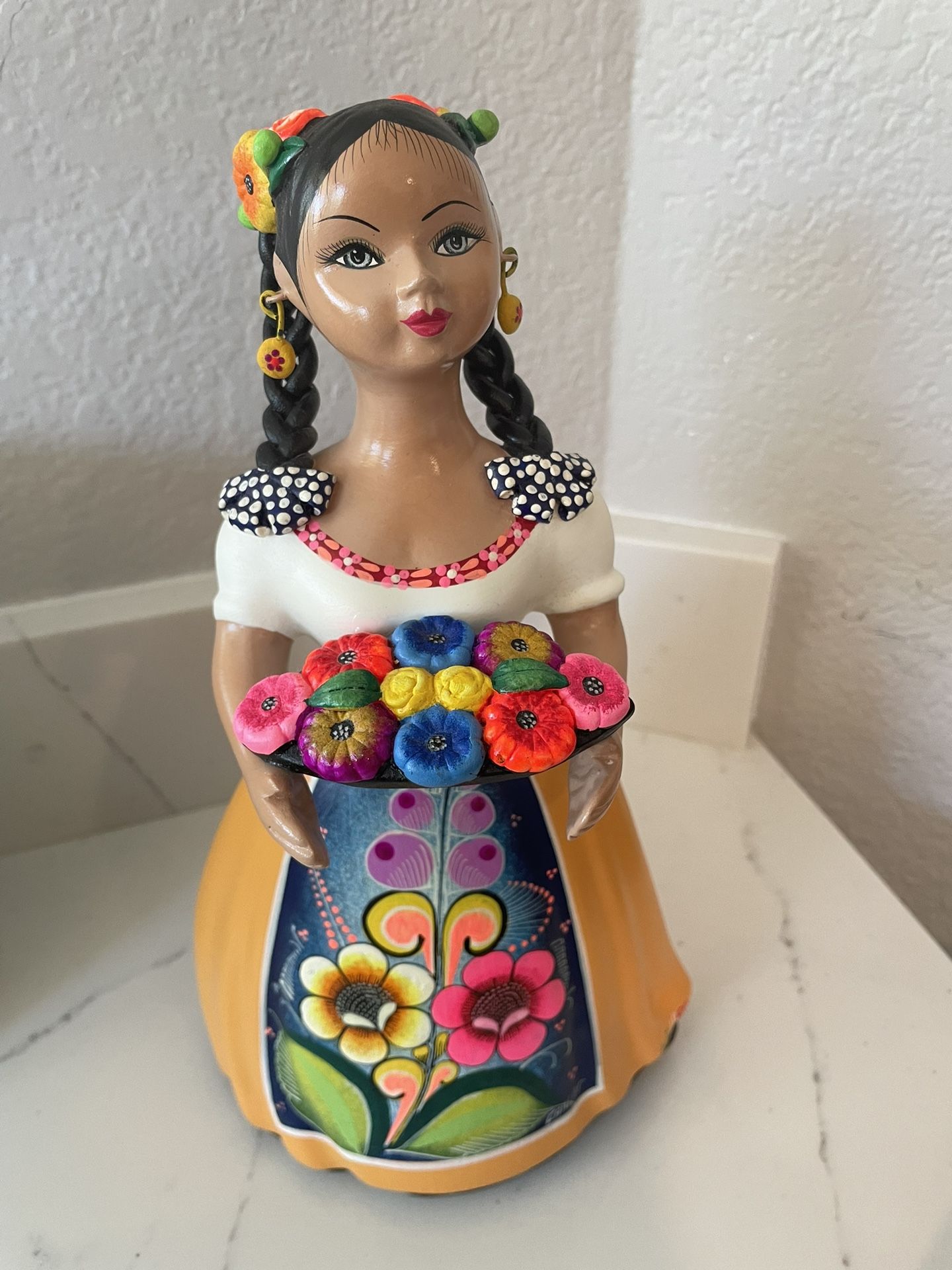 Mexico Art Pottery Lupita Original Flower Lady Signed 12"W Tag #10 Vintage