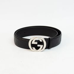 Gucci Black Signature Leather Interlocking Silver Buckle Belt 100/40