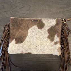 Cowhide Embossed Leather Wristlet Clutch W/ Fringe (8 X 12) 