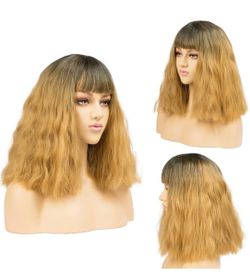 14 Inch Wavy Style Fashion Synthetic Bob Wigs with Bangs for Women, Breathable Skin-Harmless Wig Cap and 100% Tangle-Free Heat Resistant Fiber Natural