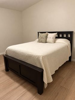 Dark Wood Full Bed Frame, box spring and mattress