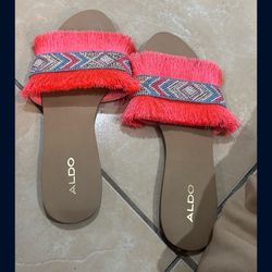 AAJ BY AMINAH Women's Viktoria Embellished Flat Sandals for 35$ and Aldo flat slide sandals with bright pink fringe and beaded accents 20$