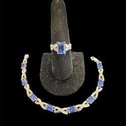 10K White Gold Sapphire & Diamond-Cut Ring & Bracelet Set 