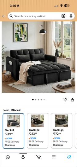 Black Pull Out Couch, Loveseat Sleeper Sofa Bed with Side Pockets, 3 in 1