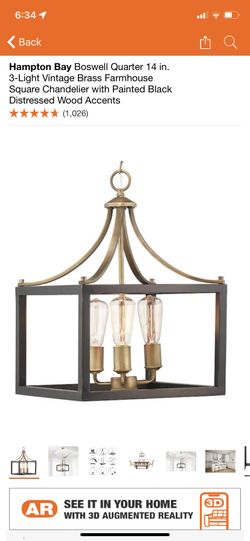 Hampton Bay Boswell Quarter 14 in. 3-Light Vintage Brass Farmhouse Square Chandelier with Painted Black Distressed Wood Accents