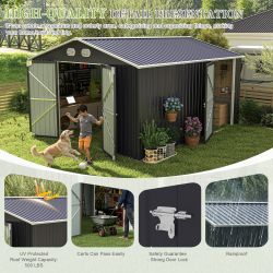 10x12 FT Outdoor Metal Storage Shed, Large Storage Sheds with Sturdy Frame Structure, Metal Garden Tool Shed with Lockable Door for Garden,Gift a fold
