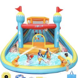 AKEYDIY Inflatable Bounce House with Double Water Slide & Splash Pool, Mega Backyard Water Park with Blower Included for Kids 3-12 Birthday Party Gift