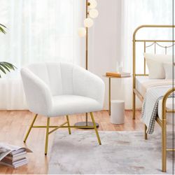 Boucle Barrel Chair, Modern Living Room Chair with Metal Legs and Soft Padded, Comfy Side Chair for Bedroom/Office/Study/Waiting Room, White
