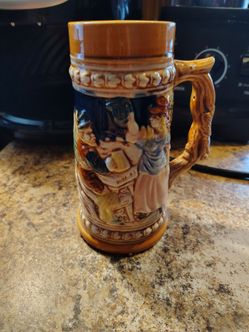 Vintage Ceramic Beer Stein with Relief Scene