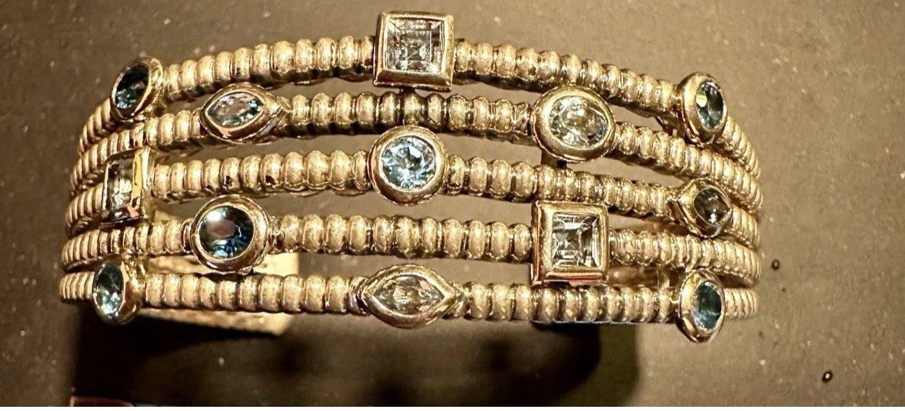 FREE SHIPPING! Town & Country 925 Sterling Silver & 14k Blue Topaz Cuff Bracelet 6.5”