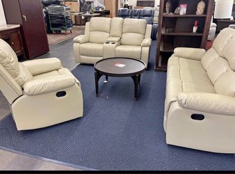Beige leather fully reclining three piece couch set