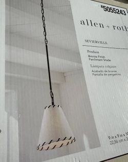 allen + roth Sevierville 1-Light Bronze Parchment Shade Mini Hanging Pendant Light New, Open Box 9" x 9" x 10.25" Maximum Hanging Height (Inches) 58.2